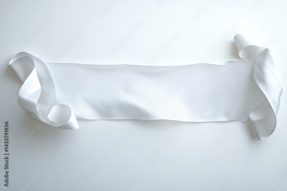 Poster Elegant flowing white ribbon with curled edges, showcasing soft texture and smooth curves against a clean background. Space for message.