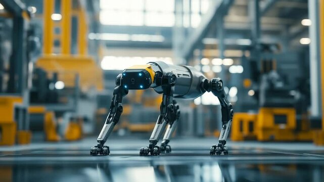 A robot dog standing inside an industrial enterprise represents the development of cybernetic and robotic technologies