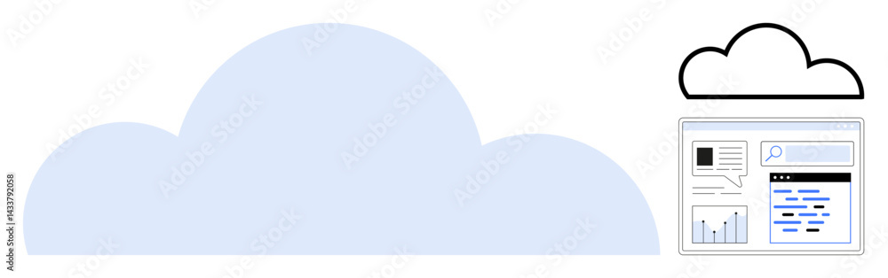 Poster blue cloud and wireframe cloud icon with web interface displaying a search bar, charts, and text con