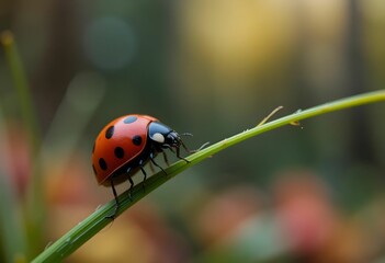 Fototapeta premium Close-up of a red ladybug crawling on a blade of grass, blurred forest background.