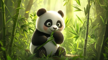 Cute Cartoon Panda Enjoying Bamboo in a Lush Green Forest Setting