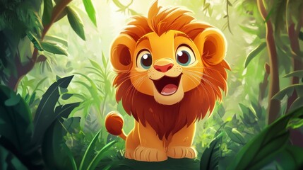 Cute Cartoon Lion in Lush Green Jungle Setting with Bright Expression