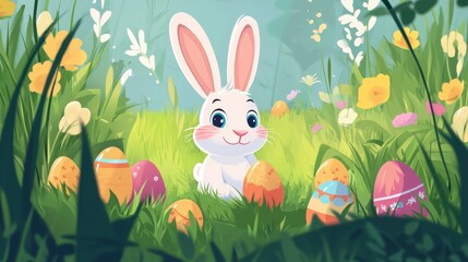 Cute Cartoon Bunny Surrounded by Colorful Easter Eggs in Nature