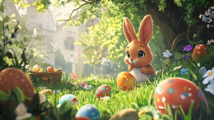 Cute Bunny in a Vibrant Spring Garden with Colorful Easter Eggs