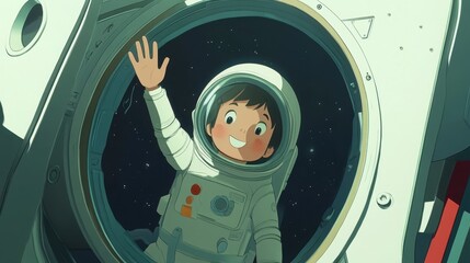 Happy Child Astronaut Smiling and Waving Inside Space Helmet