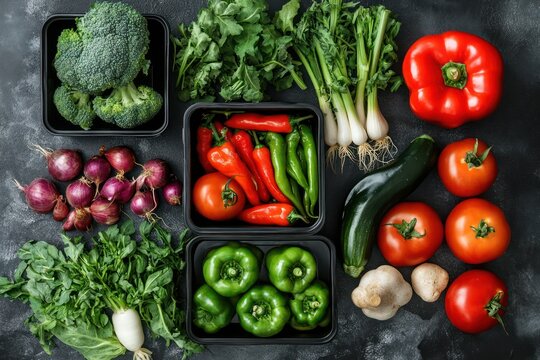 Top view of frozen vegetables in plastic containers