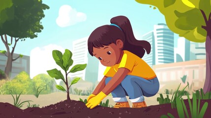 Young Girl Planting a Tree in Urban Environment with Cheerful Vibe