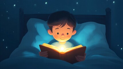 Boy Reading a Book in Bed Under a Starry Sky at Night