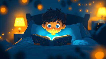 Child Reading Book in Cozy Bedroom with Soft Light and Glow