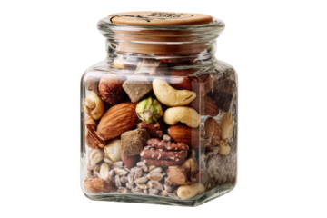 A glass jar filled with a vibrant mix of nuts and seeds sits on a kitchen countertop. The jar's wooden lid adds a natural touch to the colorful contents