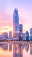 Obraz premium Sleek skyscrapers reflected in calm waters at dawn, pastel hues paint the sky