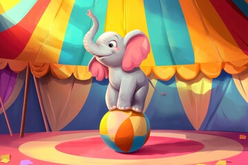 Playful Cartoon Elephant Balancing on Colorful Ball in Circus Tent