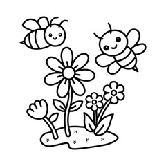 Woodland Escape Coloring Book, bold and easy coloring pages, animals line art,  Bees and Flowers, Cute Bee, 