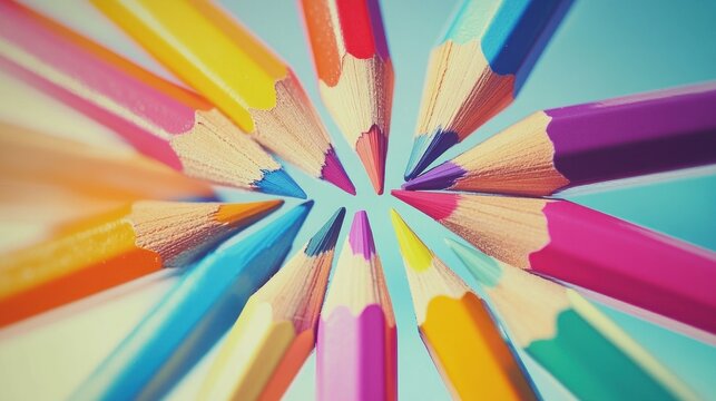 Colorful pencils in a circular pattern