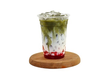 Ice matcha latte green tea mix strawberries sour cream on white background,by isolation concept.