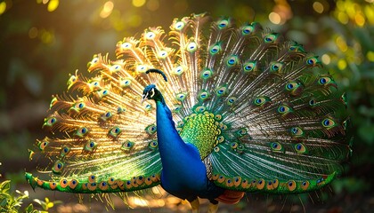 Obraz premium A dazzling peacock spreading its iridescent tail feathers in full display, intricate patterns glistening under soft garden light.