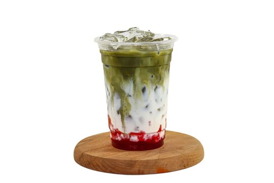 Ice matcha latte green tea mix strawberries sour cream on white background,by isolation concept.