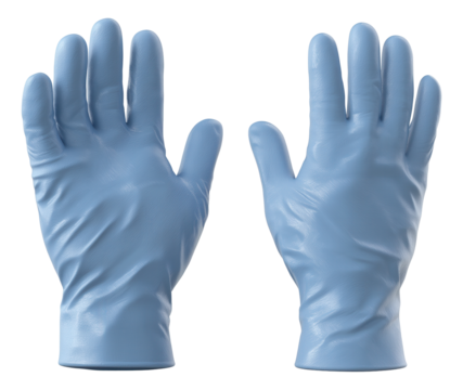 Two blue medical gloves displayed with palms facing forward.