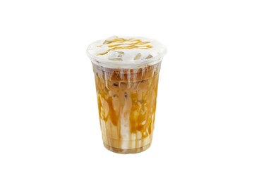 Ice latte coffee mix vanilla sour cream served on sack in white background,isolate style.