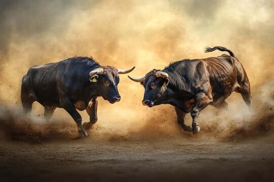 Two strong bulls fighting on blurred natural background
