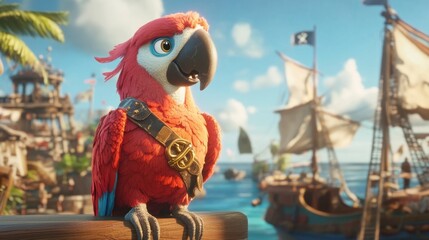 Colorful cartoon parrot on pirate ship in tropical island scenery