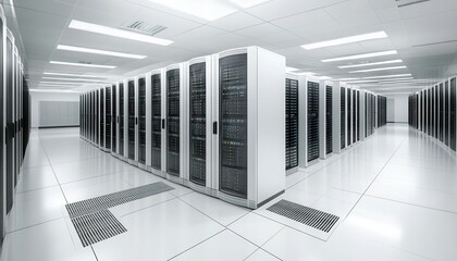 Modern server room with rows of network cabinets