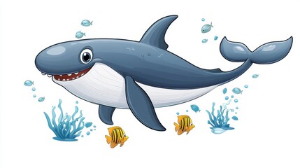 Happy Cartoon Shark Swimming Among Colorful Fish and Coral Reef