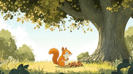 Charming Squirrel with Acorns Under a Large Tree in a Sunny Meadow