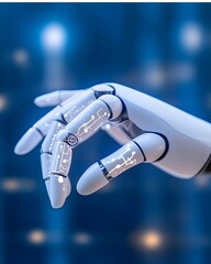 A close-up of a robotic hand with visible circuitry, appearing to gently grasp or interact with something unseen against a blurred blue background