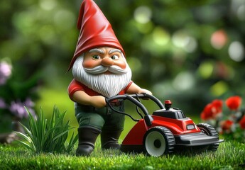Playful scene of a gnome engaged in lawn maintenance.