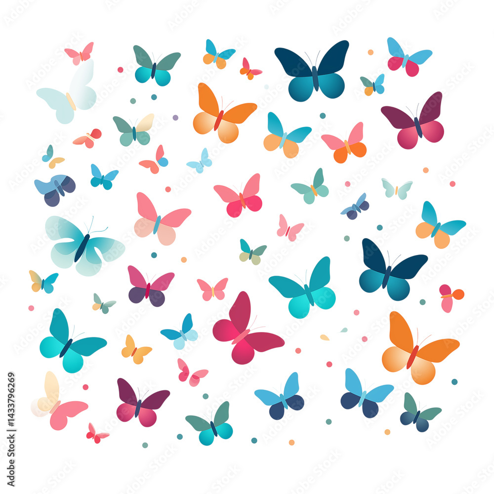 Poster a scattered array of colorful butterflies with varying sizes on a transparent background design patt