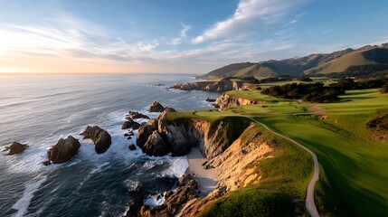 Obraz premium Breathtaking Coastal Golf Course with Stunning Ocean Views and Lush Green Fairways at Sunrise