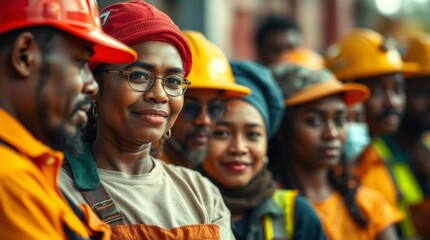 Diverse team of construction workers smiling confidently at camera