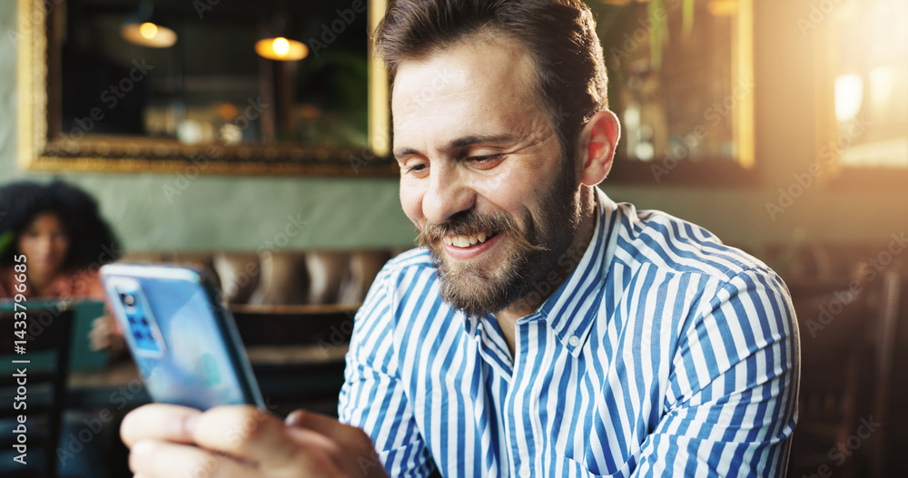 Poster happy businessman, phone and texting at cafe on break, chat or notification for networking in mornin