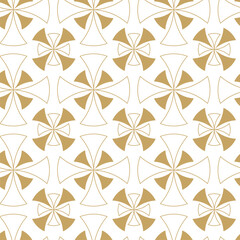 Abstract geometric pattern with crosses, stripes, lines. Seamless vector background. White and gold ornament. Modern reticulated graphic design.