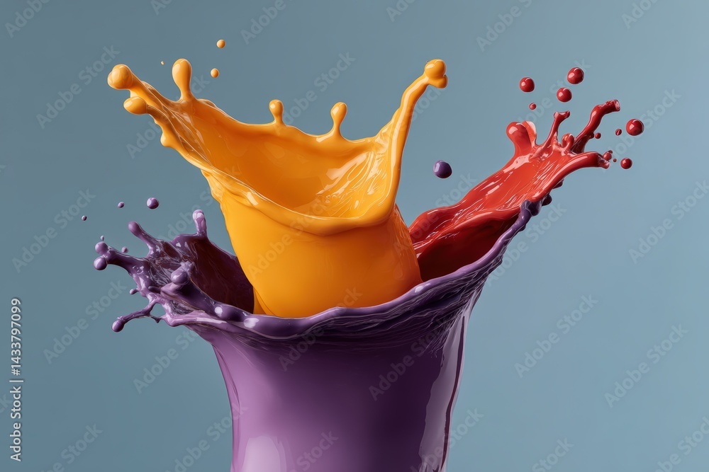 Poster vibrant paint splashes in dynamic display on a light blue background during artistic creation