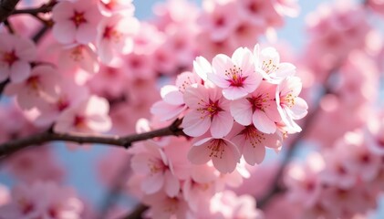 Delicate pink cherry blossoms in full bloom, forming a repeating floral pattern , floral pattern, art, sakura