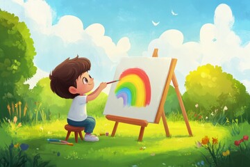 Child Painting a Colorful Rainbow in Bright Sunny Nature Scene