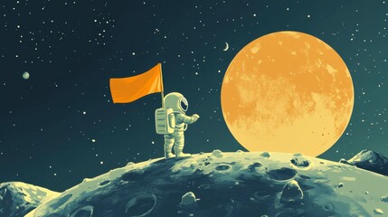 Astronaut Standing on Moon with Flag Against Vibrant Orange Moon