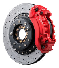 High-performance car brake disc with a red caliper and drilled rotor for enhanced ventilation.