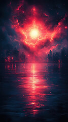 A brilliant celestial event lights up the sky with vivid reds and oranges, casting reflections on the calm water below, while a city skyline stands in silhouette against the glow at twilight