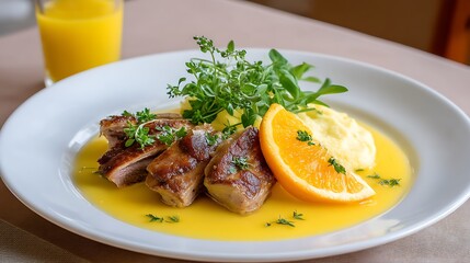 Delicious grilled meat with creamy mashed potatoes and citrus garnish on elegant dining table setting