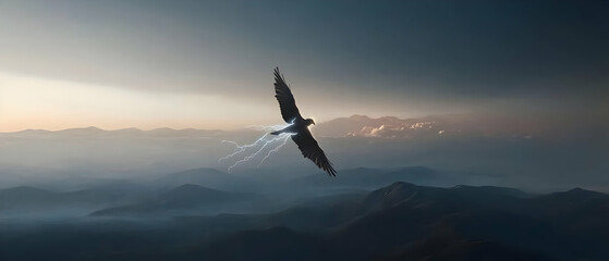 Obraz premium Majestic Flight Above Misty Peaks