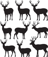 Nine Black Silhouettes of Deer with Antlers