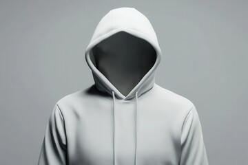 A white hooded sweatshirt with the hood pulled up, obscuring the face of the wearer