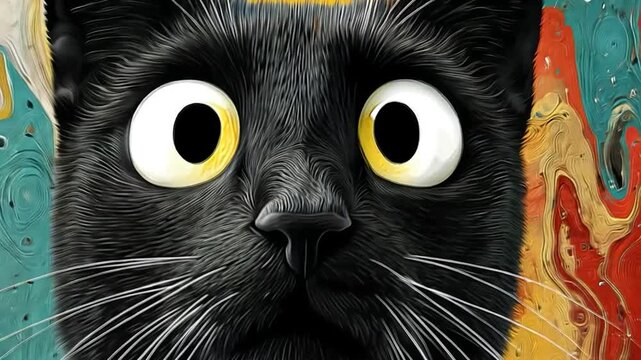 Startled black cat with huge eyes on colorful abstract background