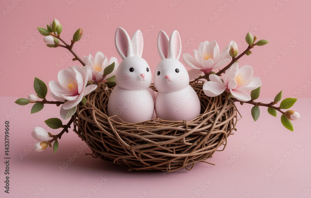 Poster two white rabbits nestled in a twig nest adorned with blooming branches against a soft pink backdrop
