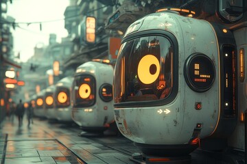 Futuristic city street; robotic pods; background pedestrians; urban transport; sci-fi concept