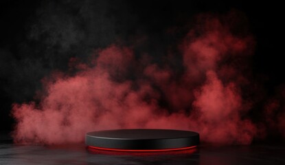 A black circular platform with a red glow sits in front of a backdrop of swirling red smoke against a black background