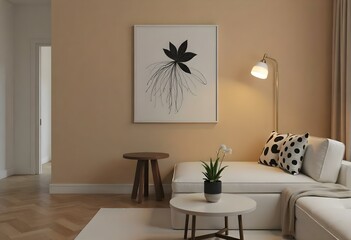 Minimalist living room with a white wall, a modern lamp, a white sofa with a patterned pillow, a wooden table, and a decorative painting